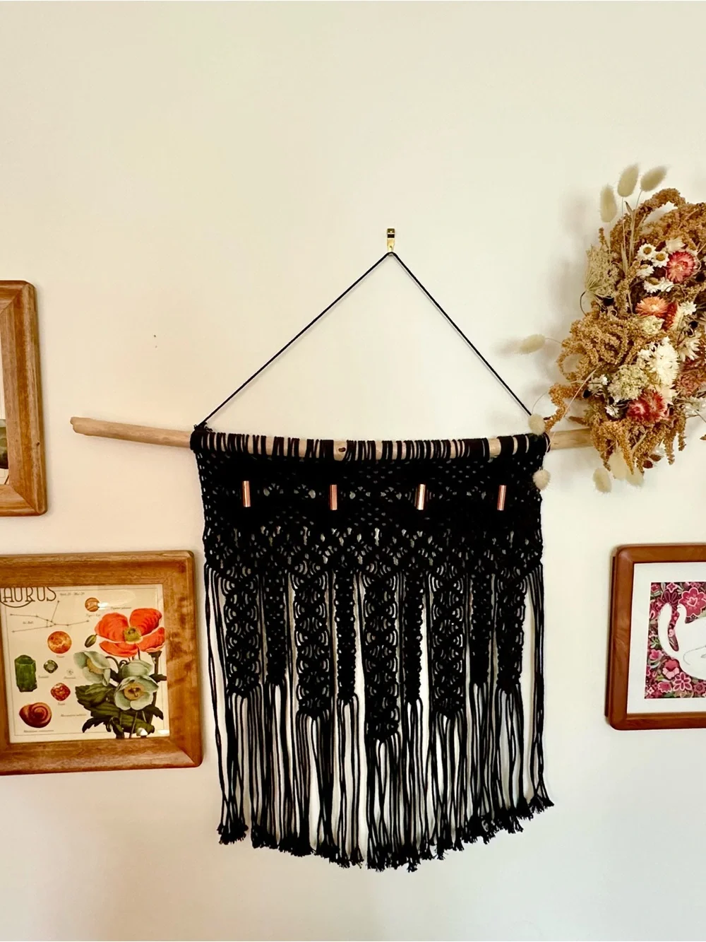 Handcrafted Black Macramé Wall Hanging with Copper Tubes
